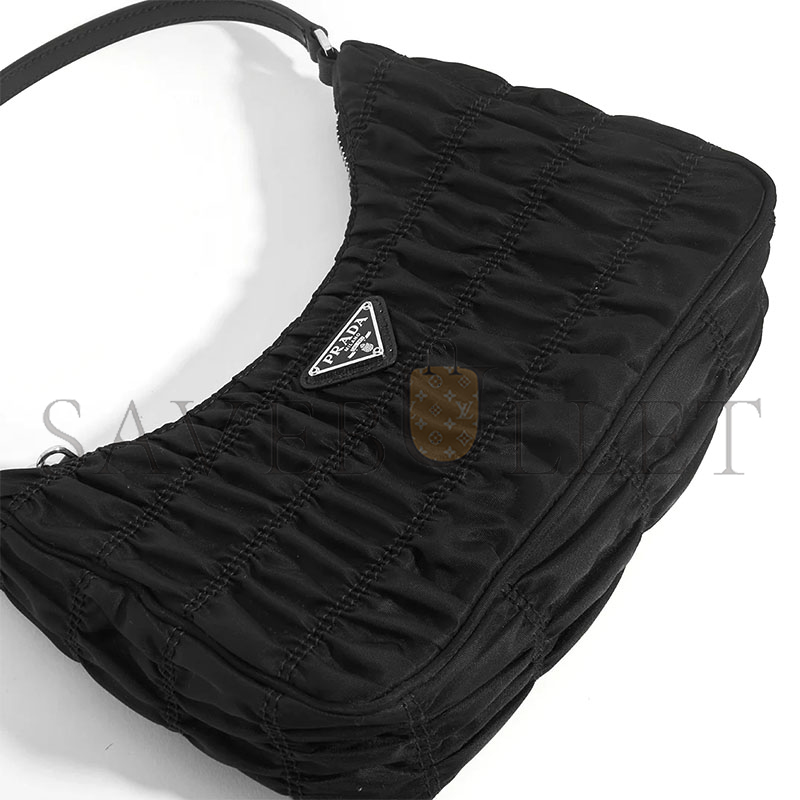 PRADA RE-EDITION 2000 HOBO BAG IN RUCHED BLACK NYLON 1NE204 (22*13*6cm) 